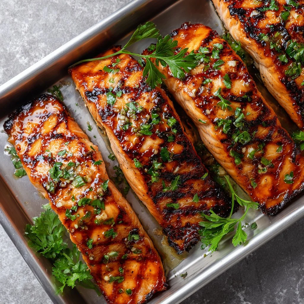 Delicious grilled salmon garnished with herbs and lemon slices