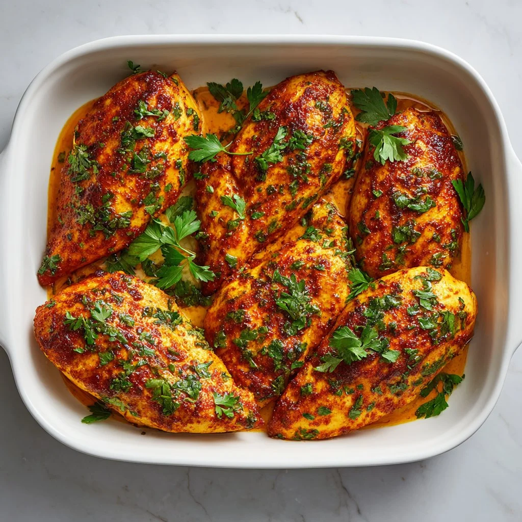 Juicy baked chicken breast plated and garnished for dinner