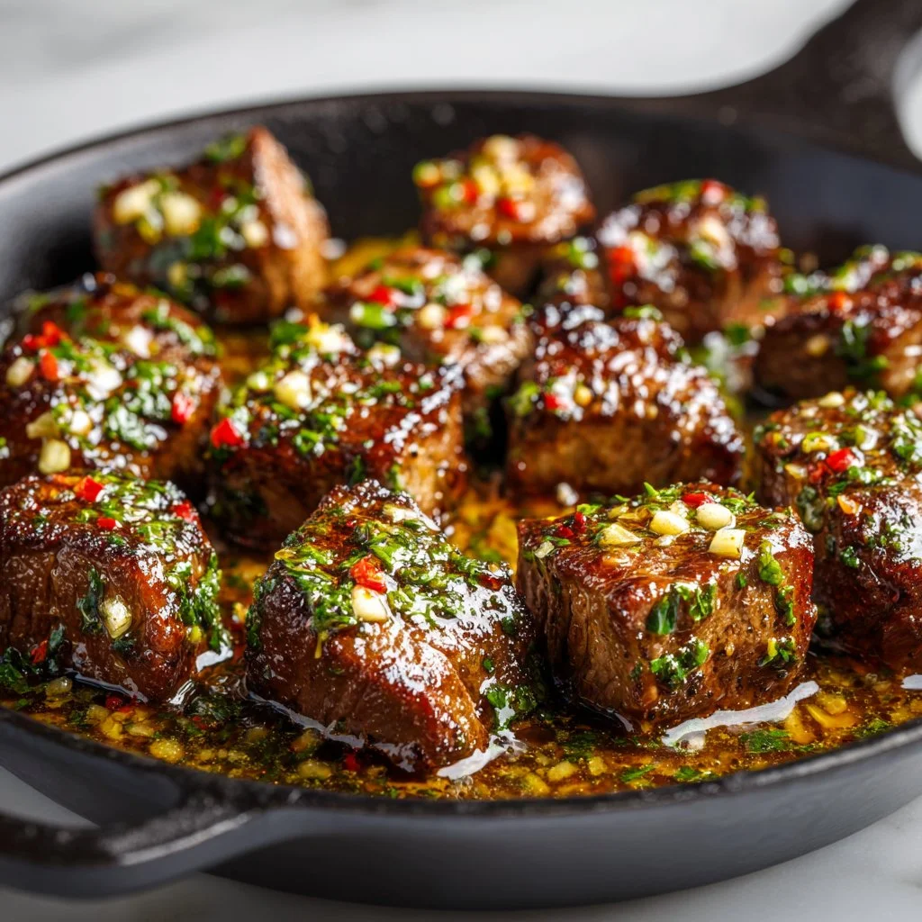 Juicy Cowboy Butter Steak Bites sizzling in a skillet