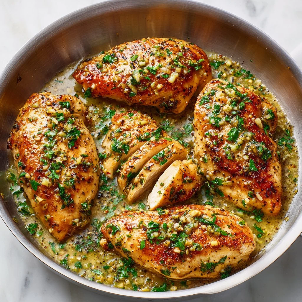Juicy garlic butter chicken served in a skillet with herbs and spices