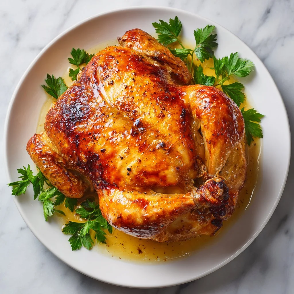 Juicy herb-roasted rotisserie style chicken garnished with fresh herbs