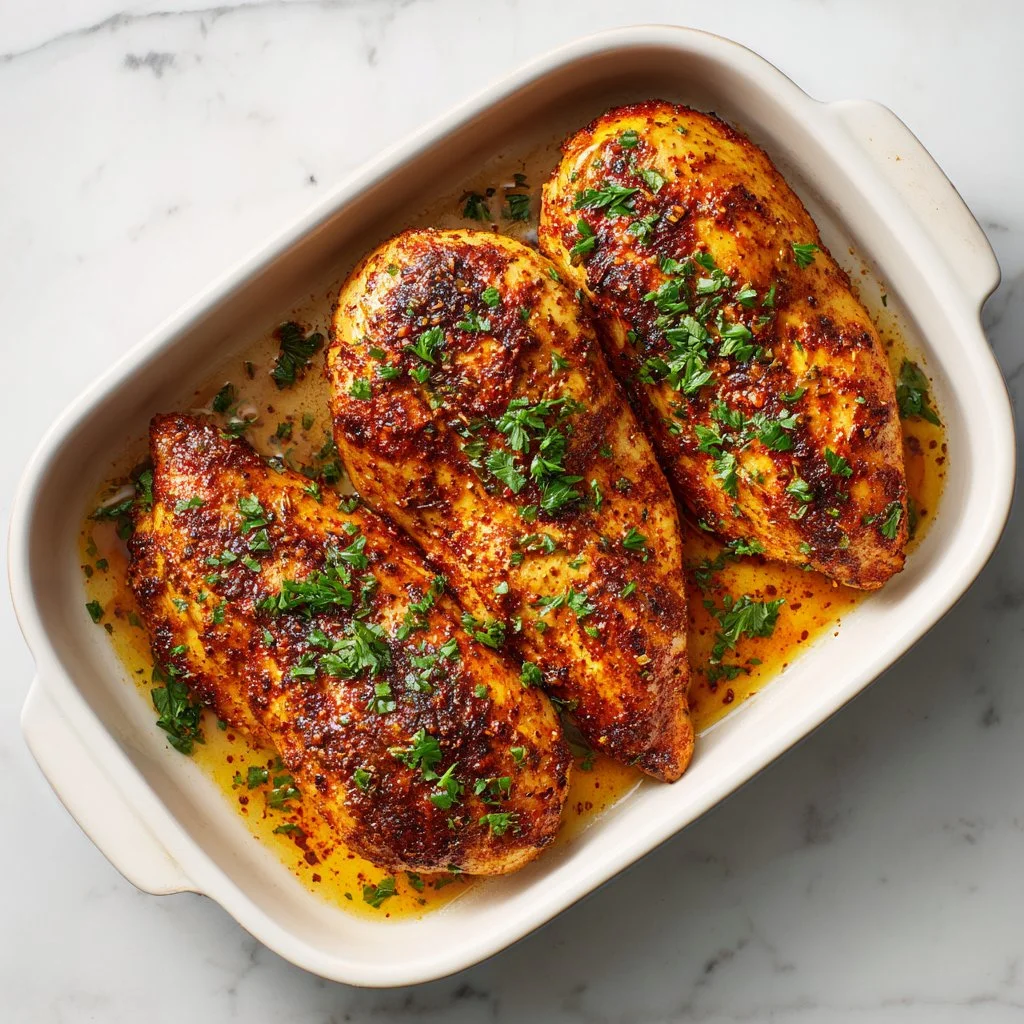 Juicy oven baked chicken breast served with herbs on a plate
