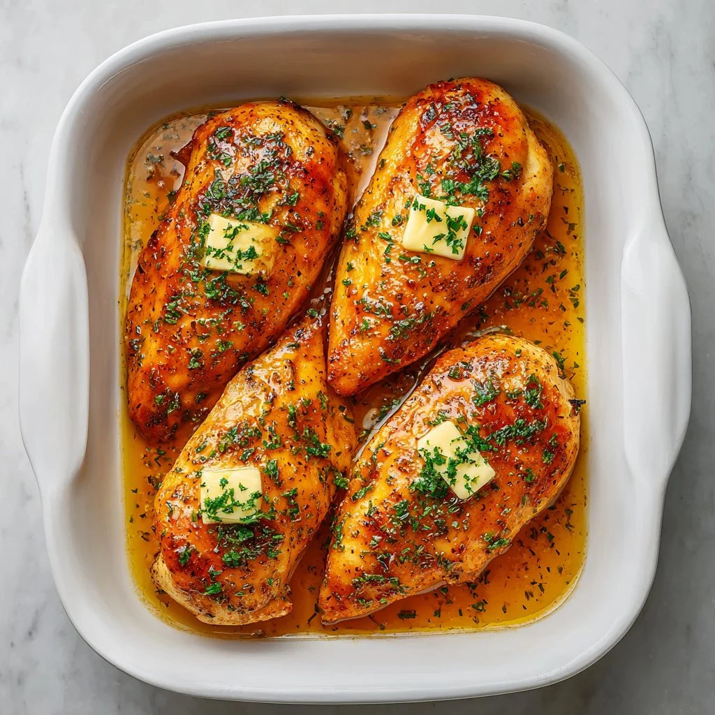 Juicy oven baked chicken breast served with herbs and spices