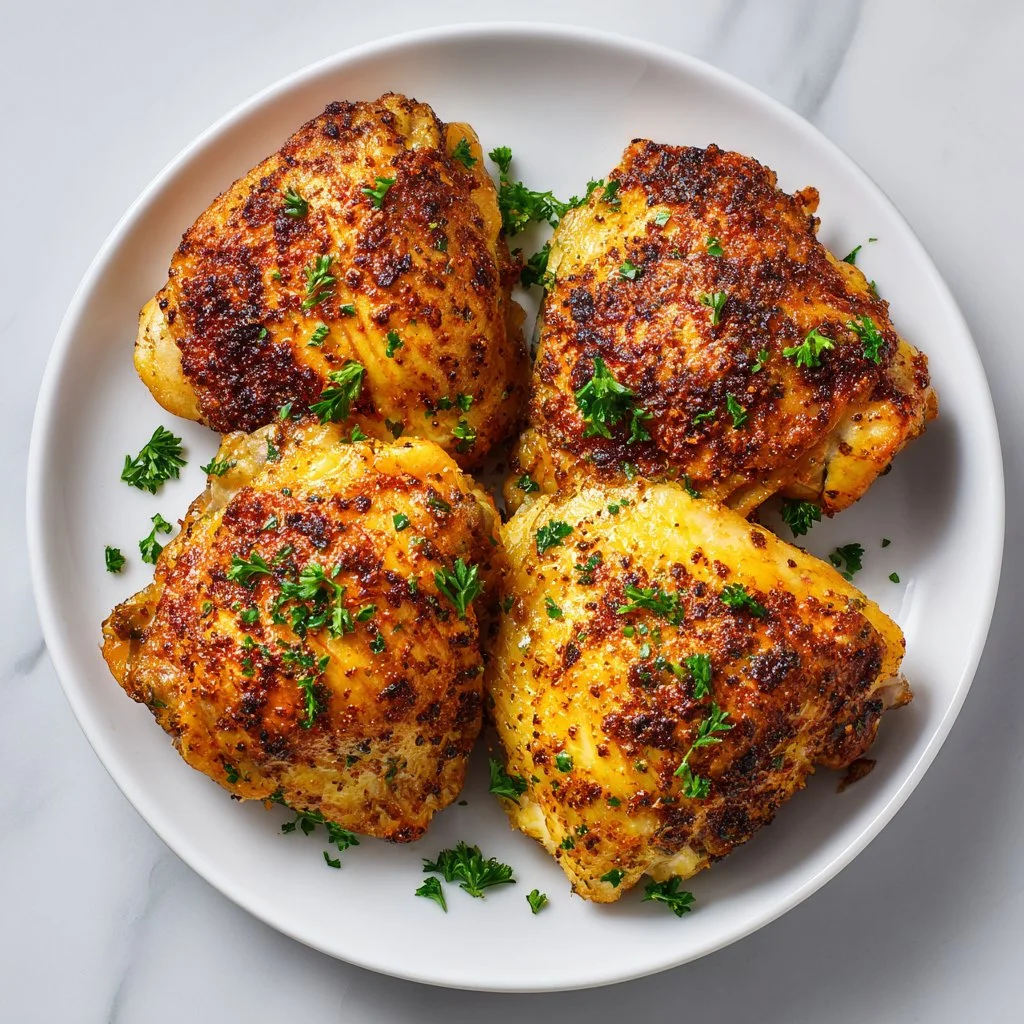 Juicy oven baked chicken thighs with crispy skin on a plate