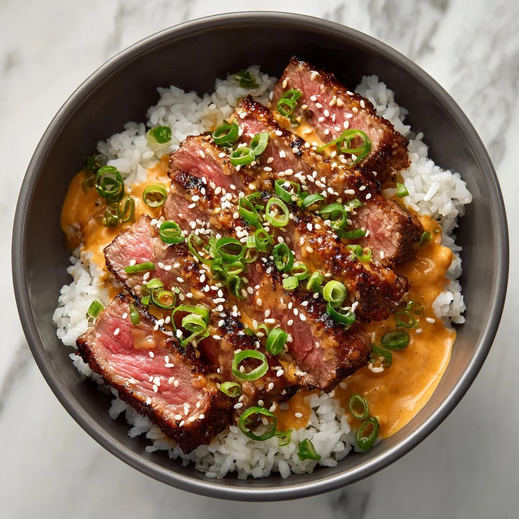 Korean BBQ Steak Rice Bowl with sticky sauce and fresh vegetables