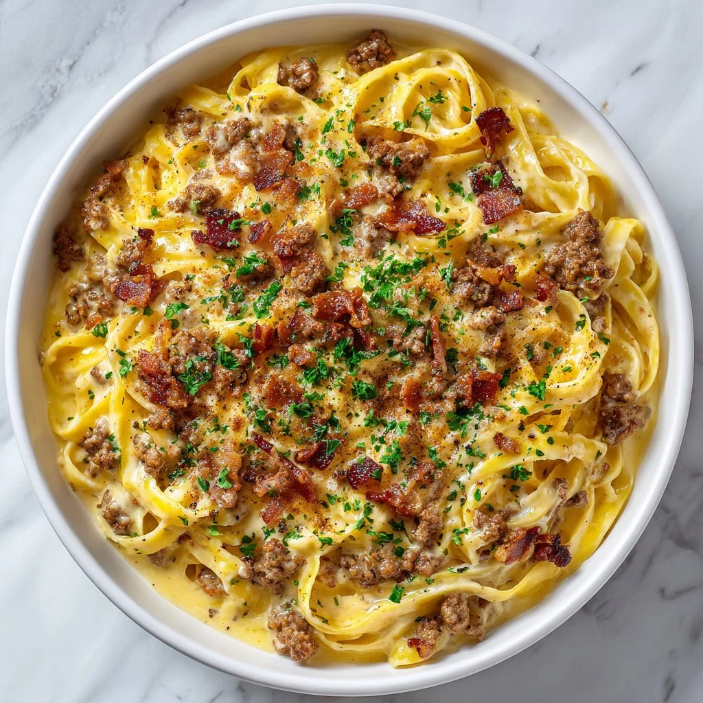 Loaded Bacon Cheeseburger Alfredo Pasta topped with crispy bacon and cheese