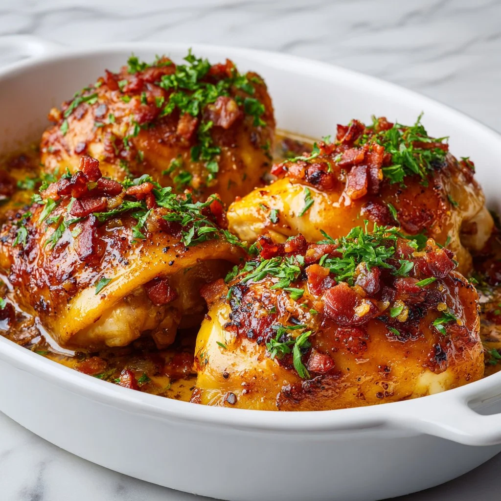 Delicious Maple Garlic Chicken thighs cooked with crispy bacon