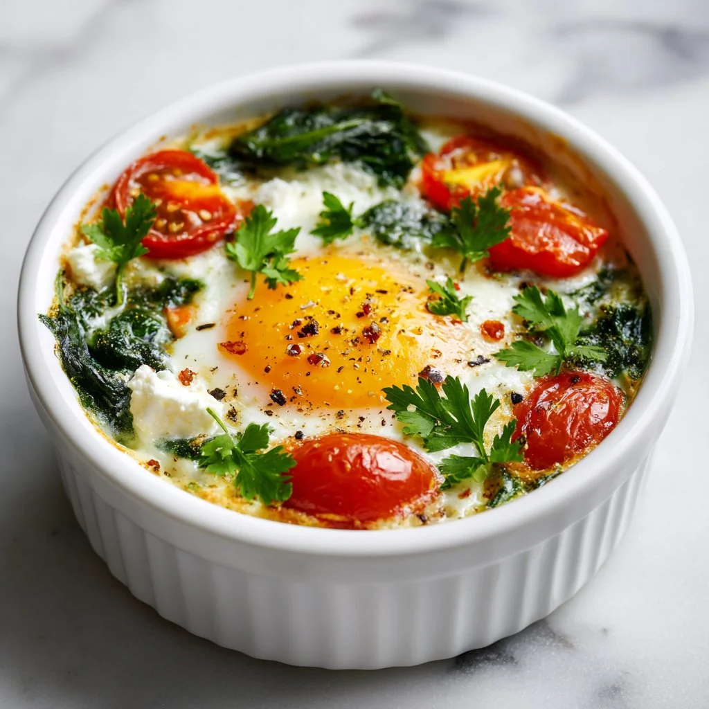 Mediterranean baked feta eggs with spinach in a dish