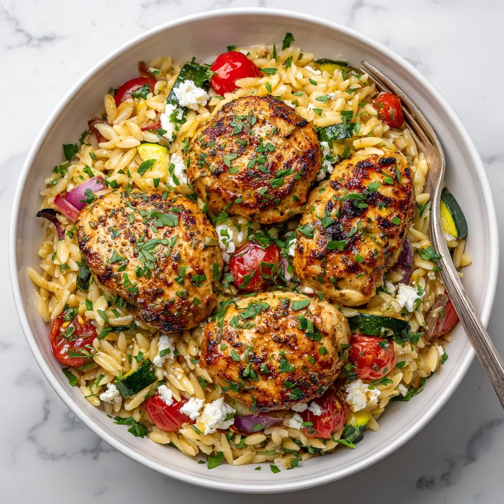 Plate of Mediterranean Chicken Orzo garnished with fresh herbs