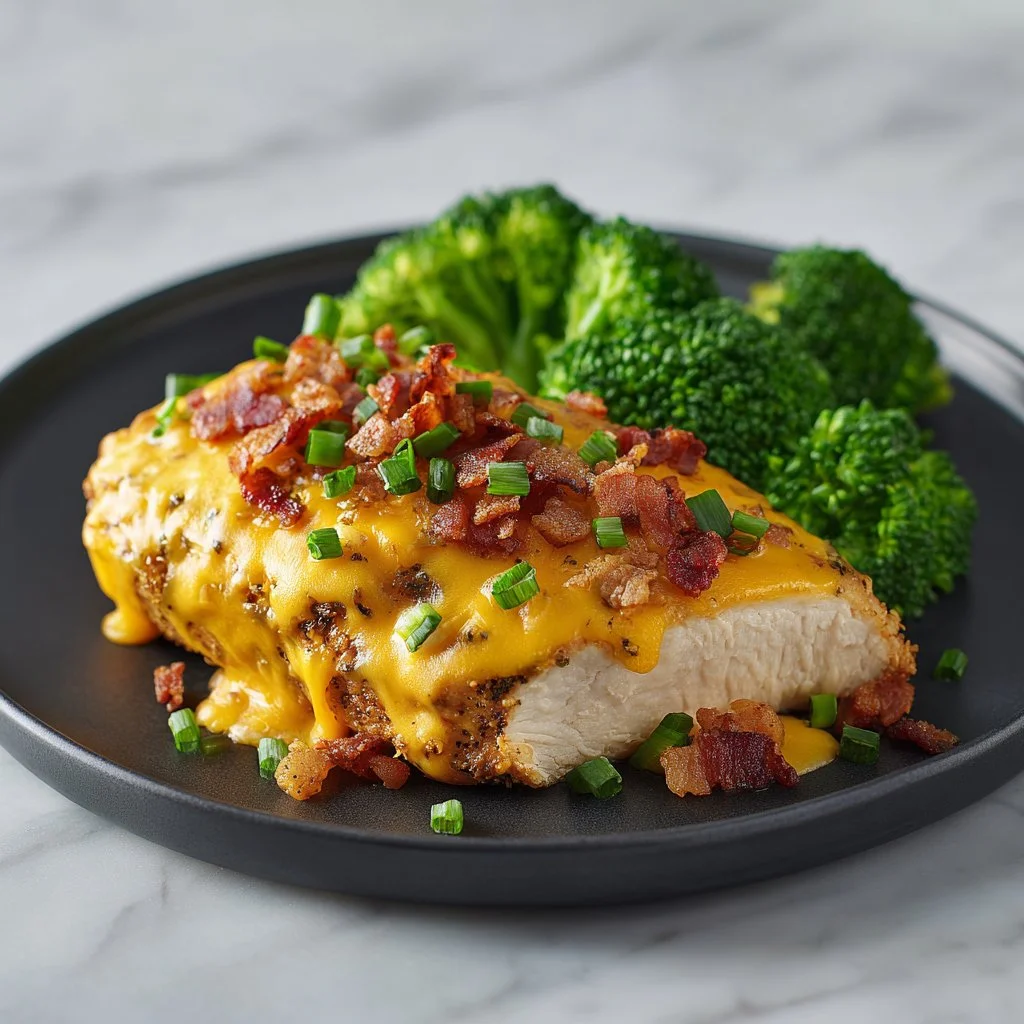 Delicious Million Dollar Baked Chicken Breast topped with creamy sauce and herbs.