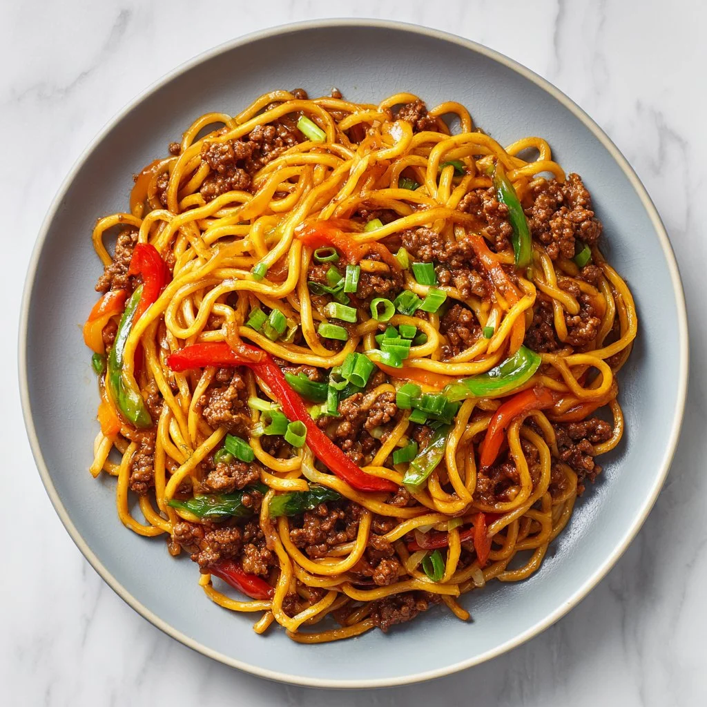 A delicious bowl of Mongolian ground beef noodles stir fry with vegetables.