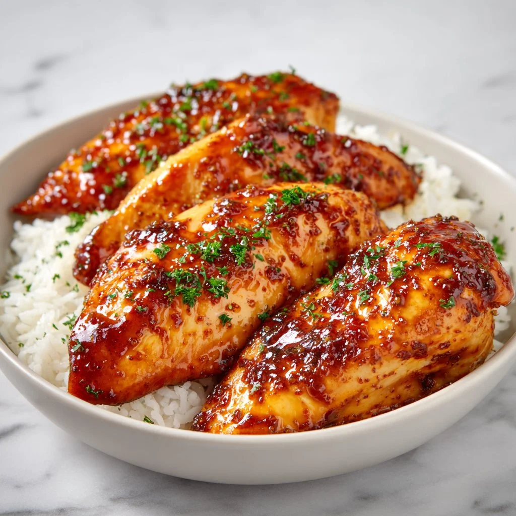 Delicious honey garlic chicken breasts served on a plate with garnish.