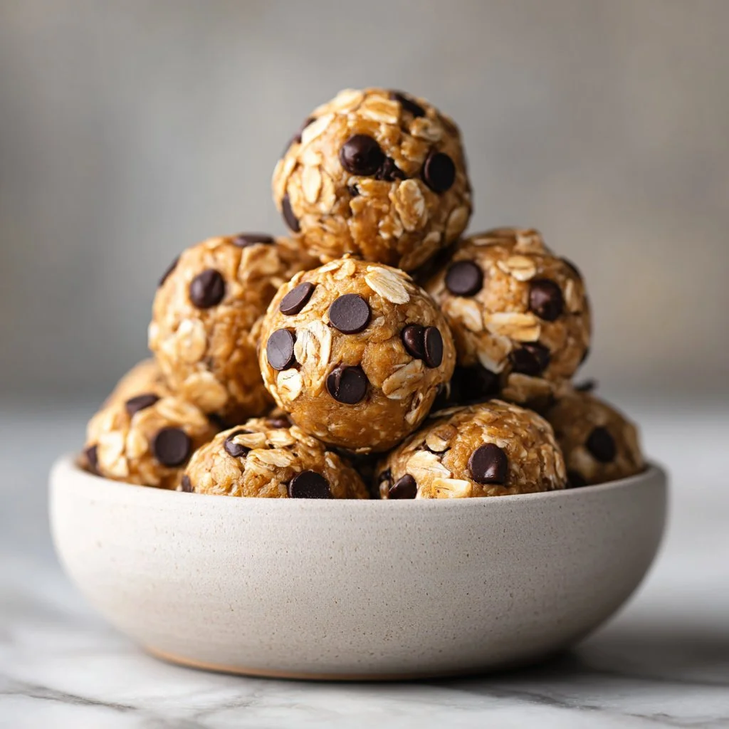 No-bake protein balls stacked on a plate, perfect for healthy snacking.