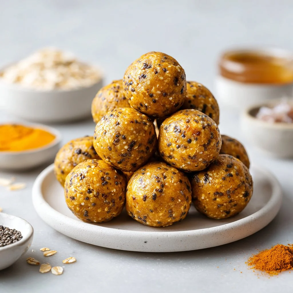 No-bake pumpkin protein balls stacked on a plate for a healthy snack.
