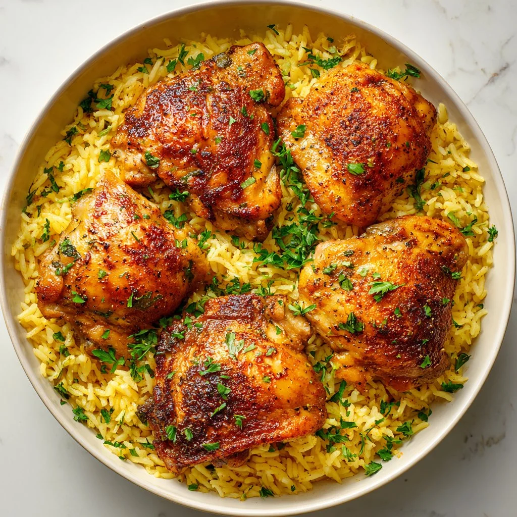 One Pan Chicken Thighs and Rice Dinner served on a plate