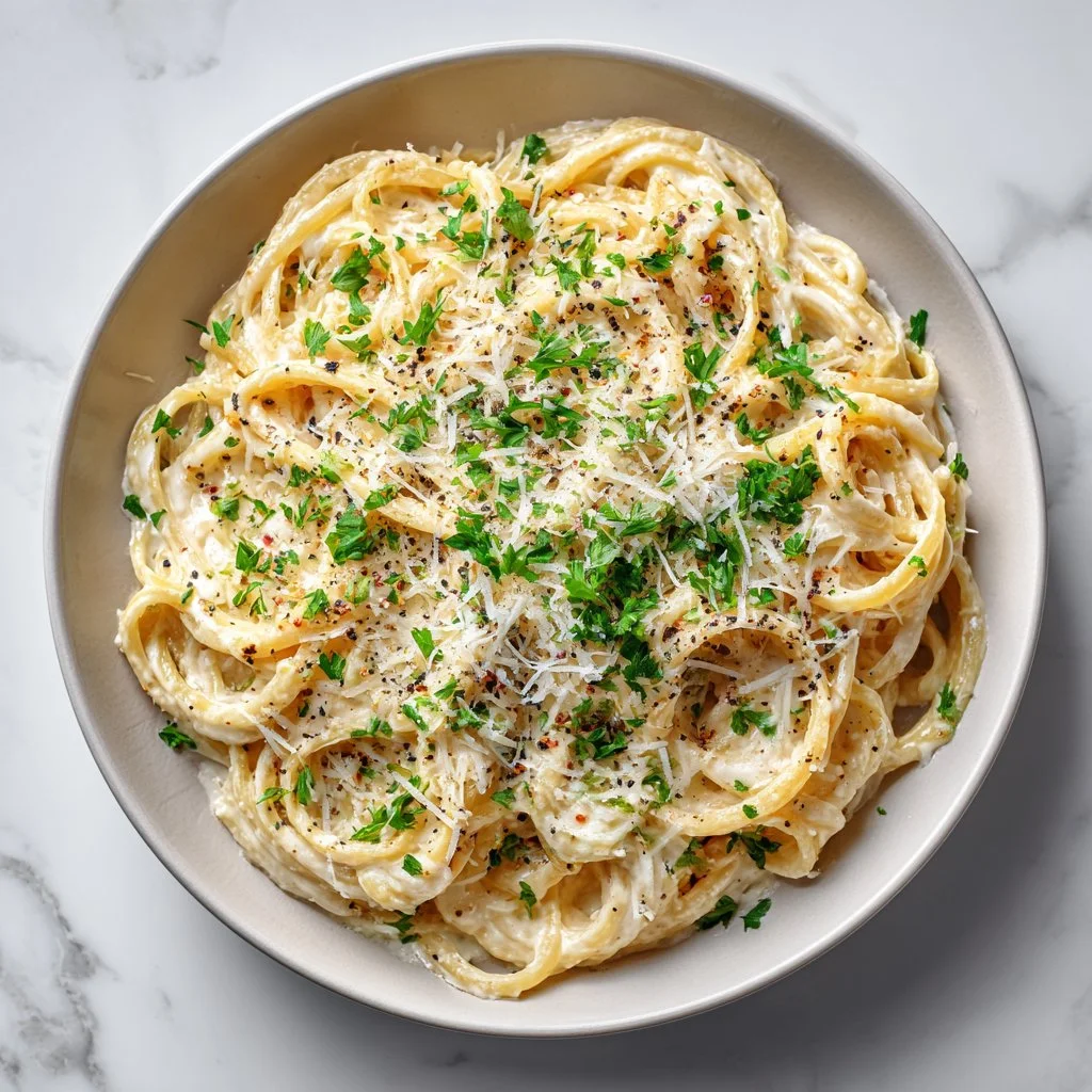 Delicious one pot creamy garlic pasta served in a bowl with fresh herbs.
