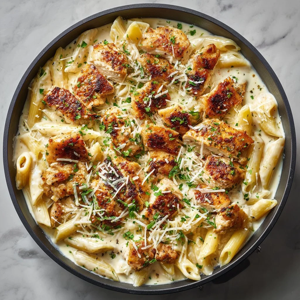 Creamy honey garlic chicken pasta in a one pot, garnished with herbs.