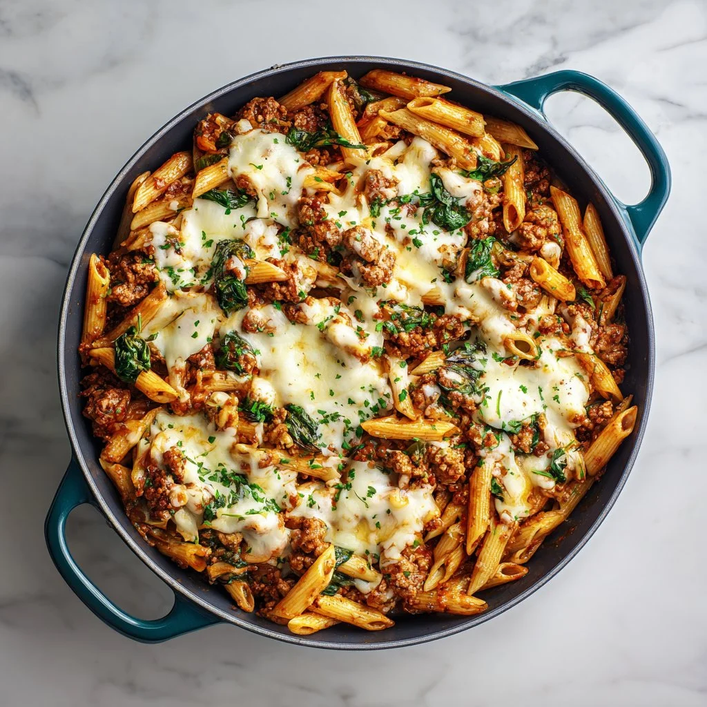 One skillet cheesy ground chicken pasta meal served in a bowl