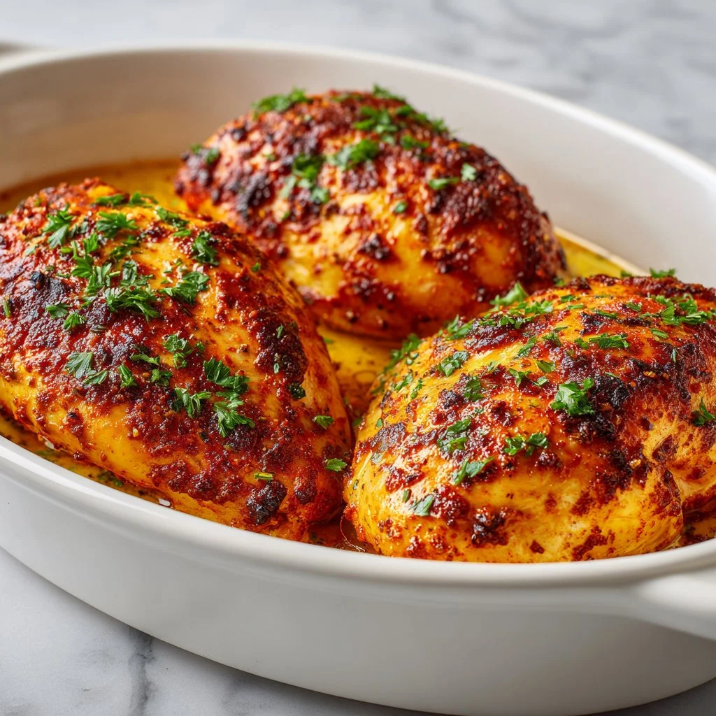Oven baked chicken breast cooked to perfection with juicy interior and golden crust