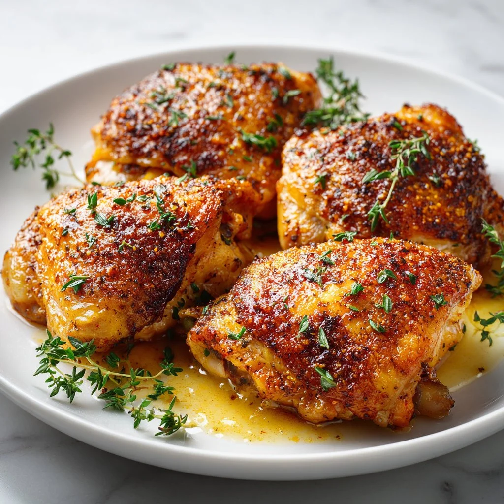 Oven baked chicken thighs served with herbs and vegetables for a delicious dinner