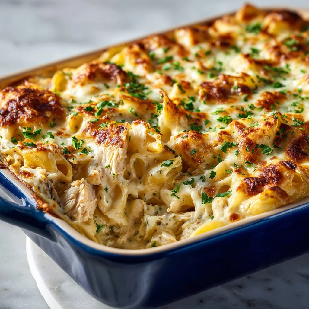 Paula Deen’s Amazing Chicken Casserole served in a baking dish with golden crust.