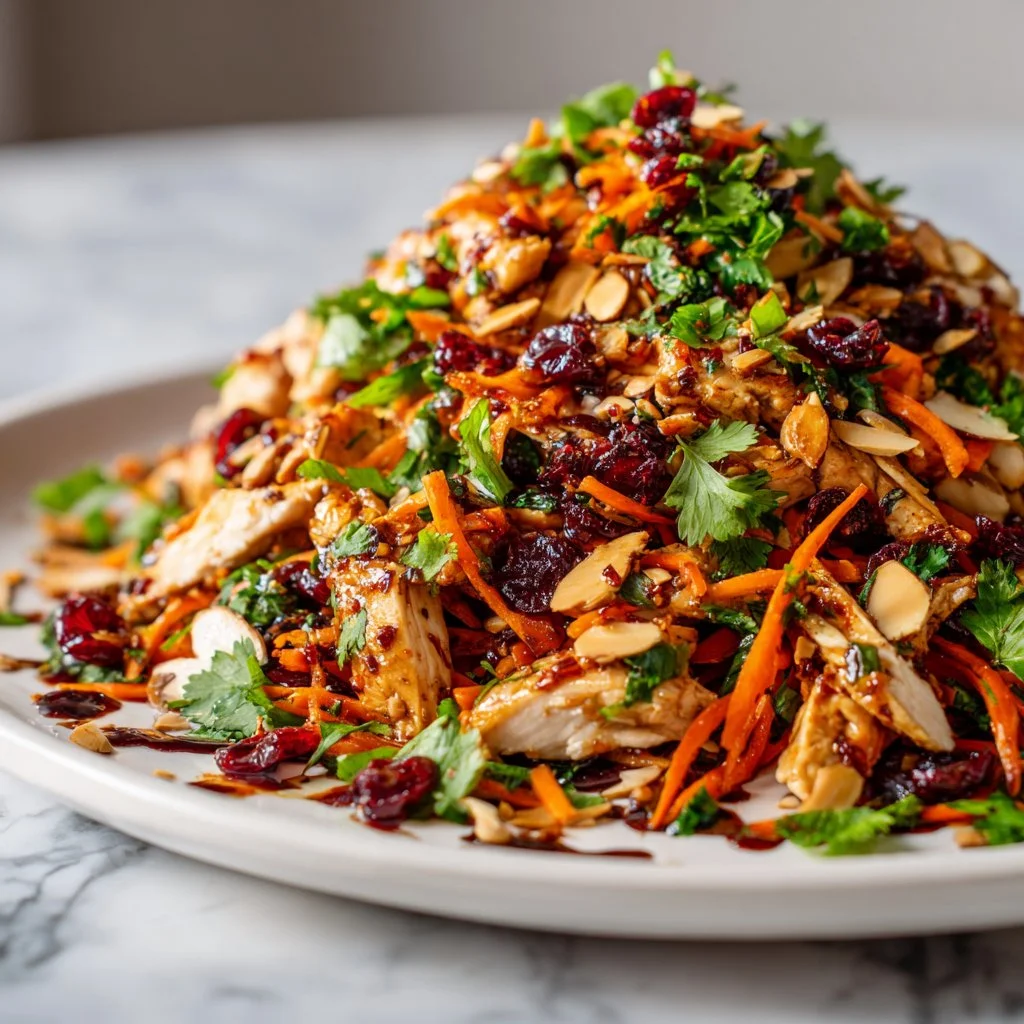 Bowl of Perfect Asian Chicken & Cranberry Salad with fresh ingredients