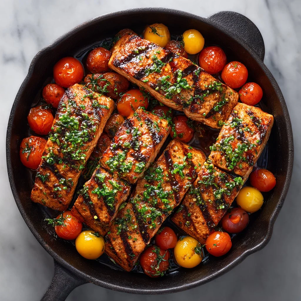 Perfectly grilled salmon fillet with juicy flavor and herbs on a plate