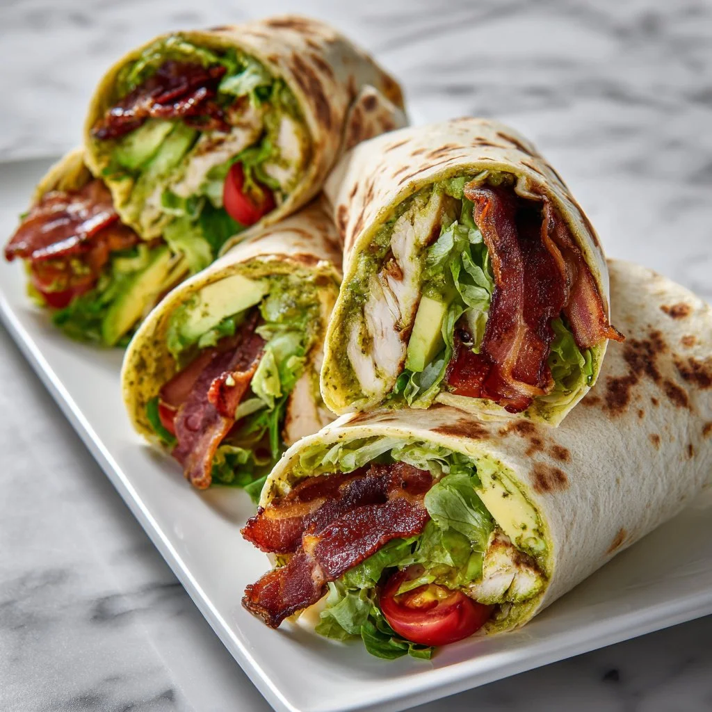 Pesto chicken salad wrap with avocado and bacon on a plate