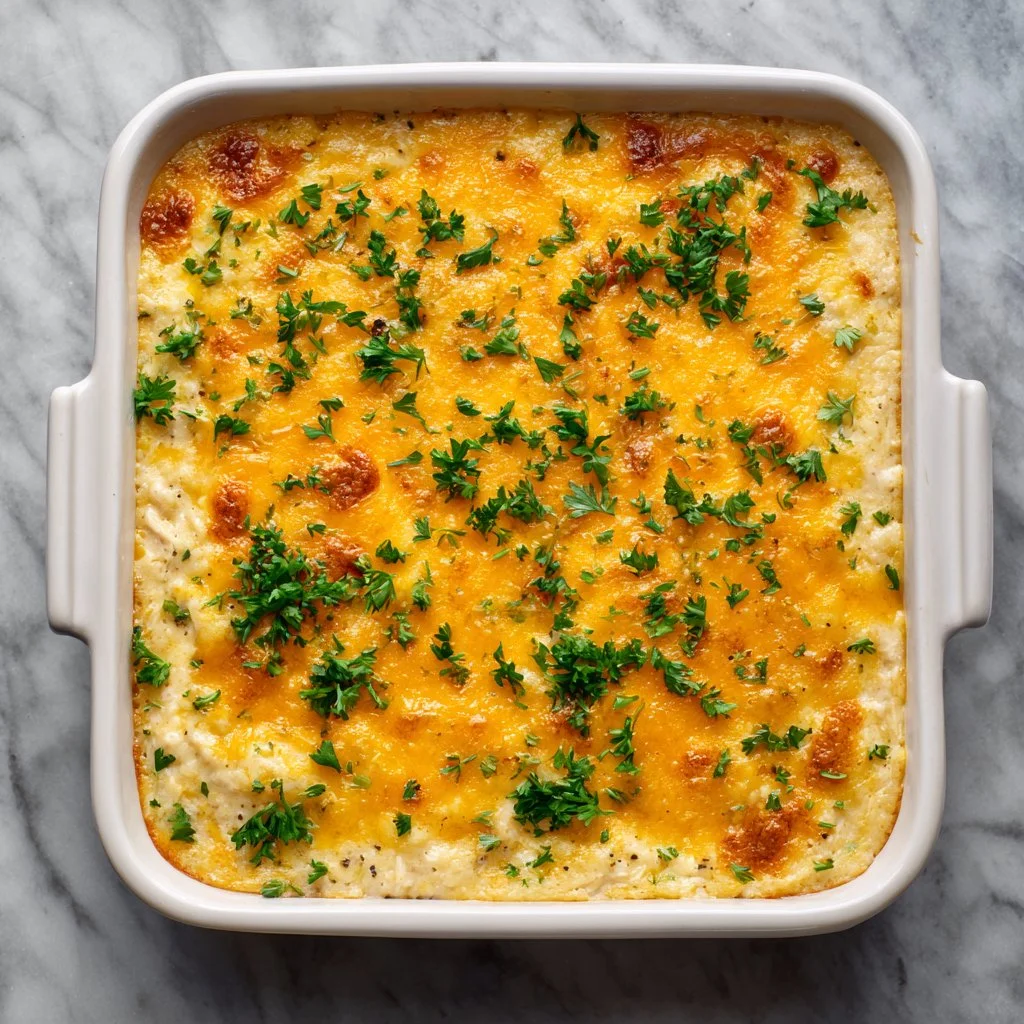Pioneer Woman Chicken Rice Casserole served in a dish with greenery
