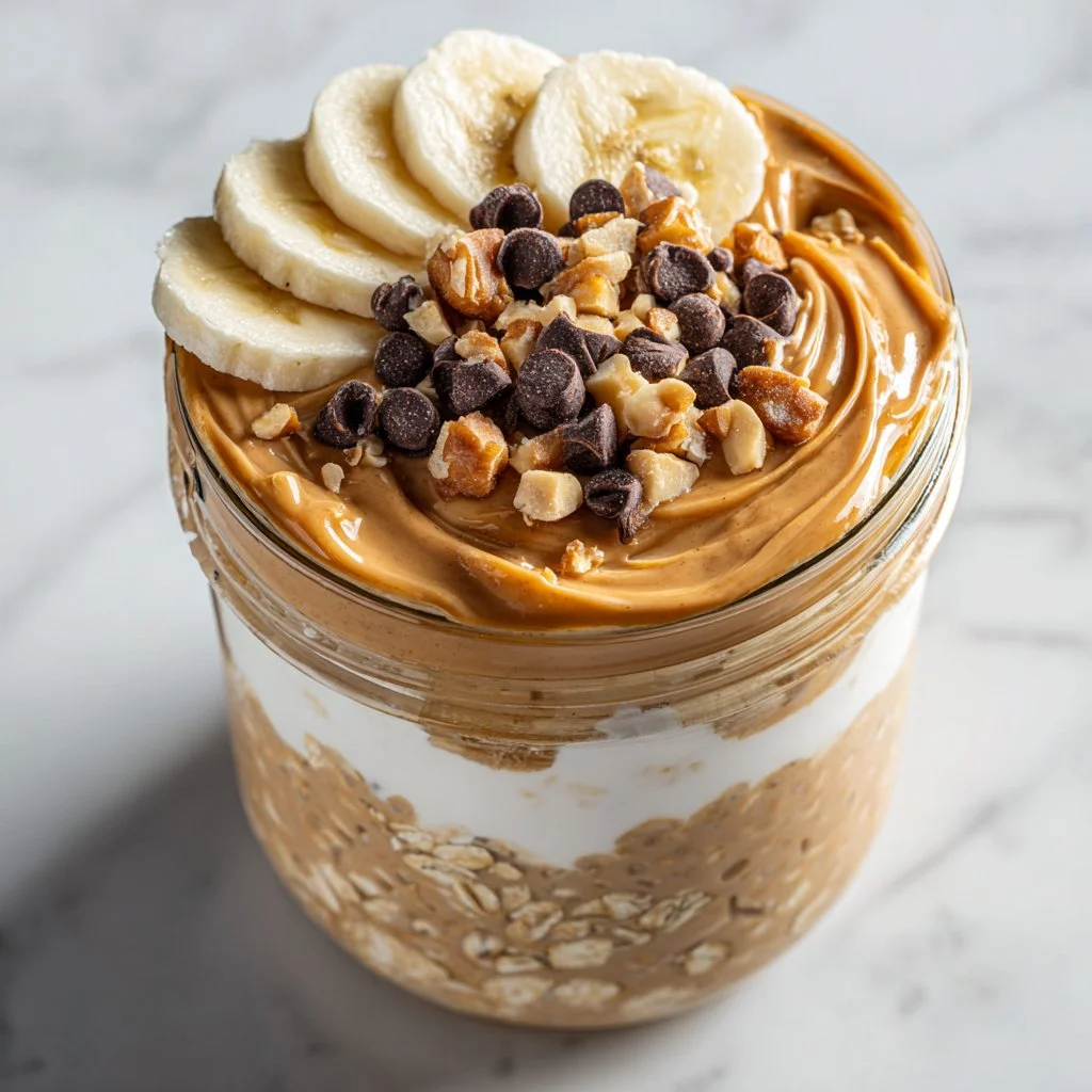 Bowl of creamy peanut butter overnight oats topped with fruit and nuts