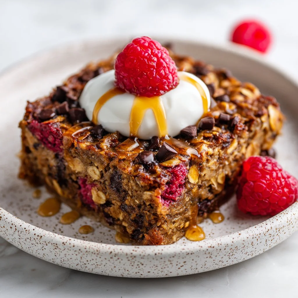 Delicious Raspberry Chocolate Chip Baked Oatmeal in a baking dish