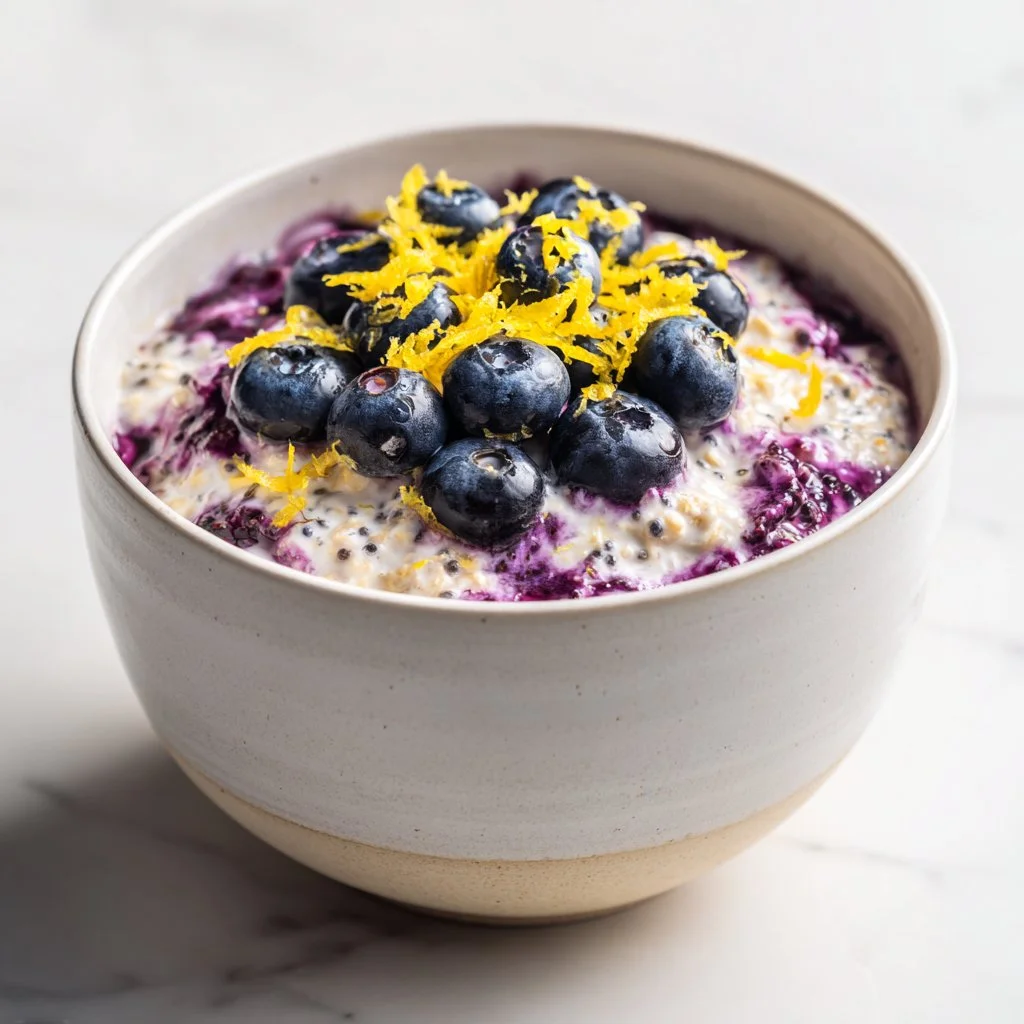 Delicious blueberry lemon zest overnight oats in a bowl, topped with fresh blueberries.
