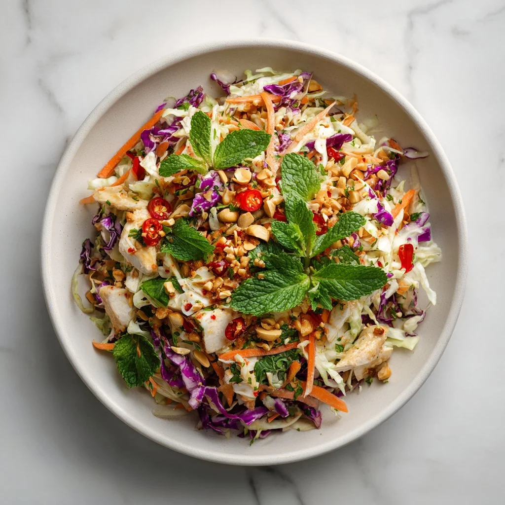 Bowl of refreshing Vietnamese Chicken Salad with fresh vegetables and chicken