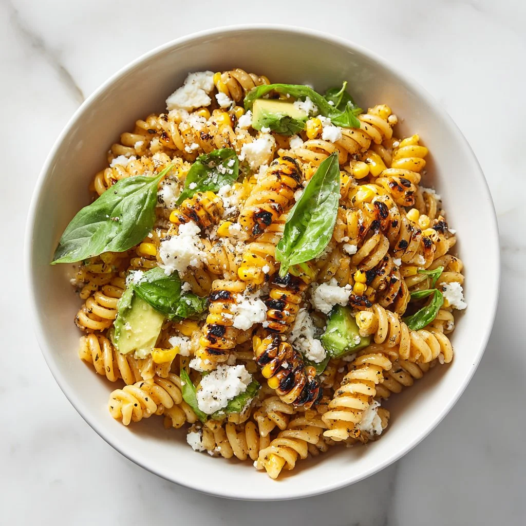 Bowl of refreshing street corn pasta salad with vibrant ingredients