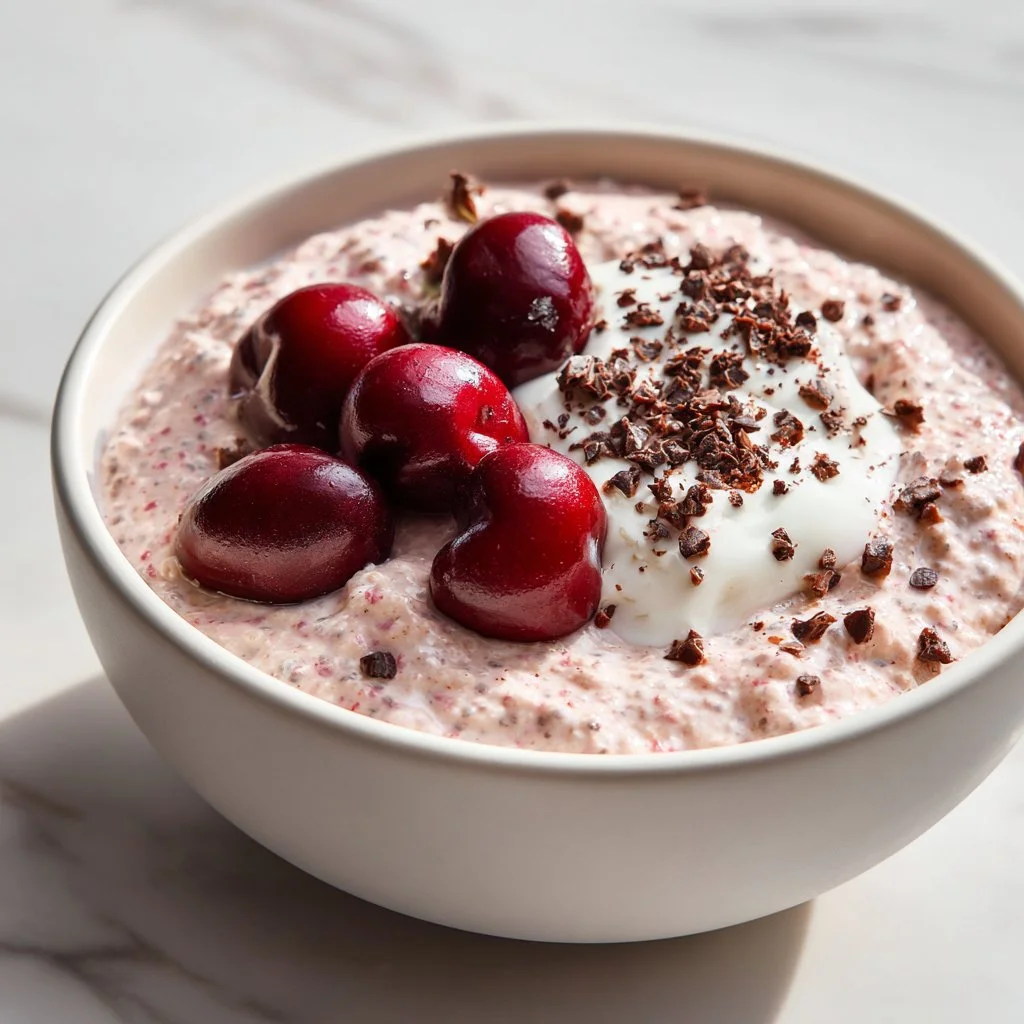 Bowl of rich and creamy cherry overnight oats topped with fresh cherries.
