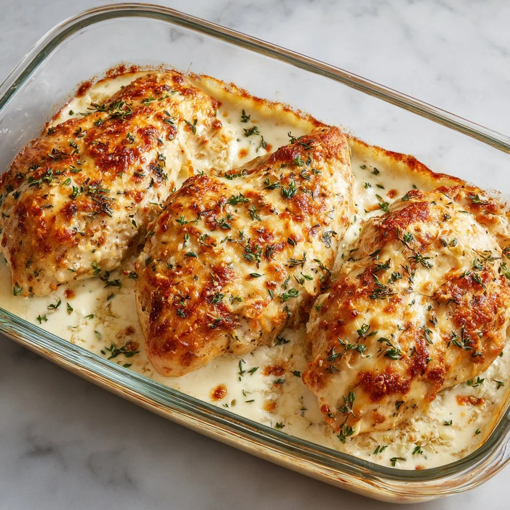 Delicious rich and creamy baked chicken breast served on a plate