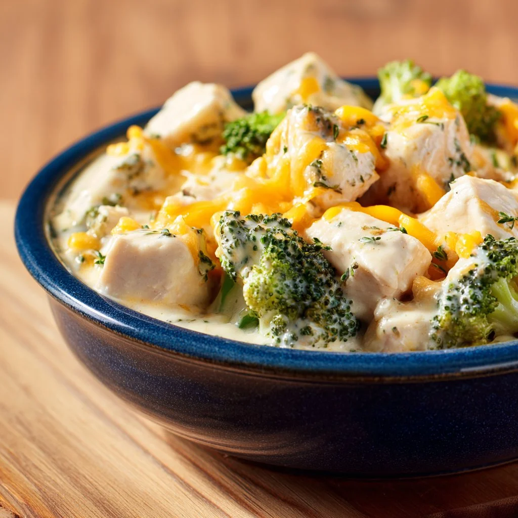 A delicious bowl of rich and creamy broccoli cheddar chicken dish.