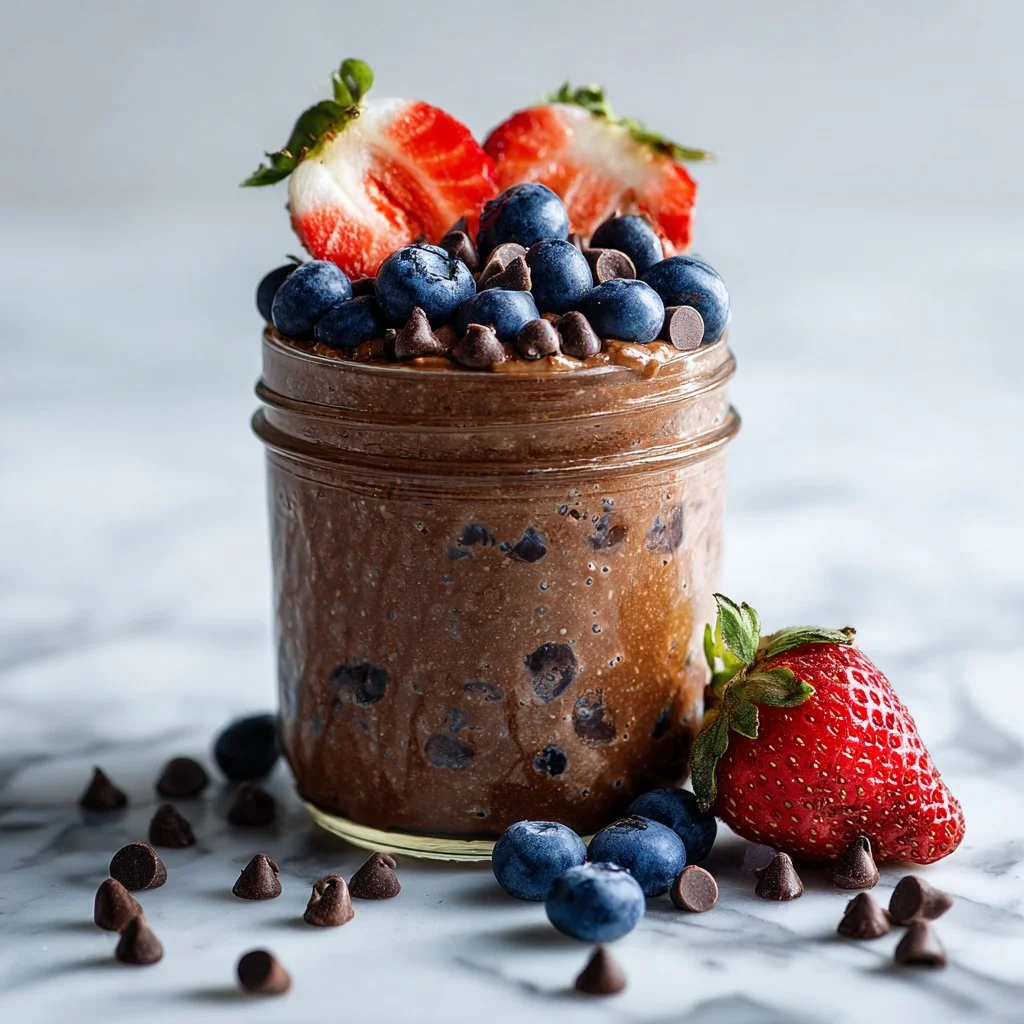 Bowl of rich and creamy chocolate overnight oats topped with fruits and nuts