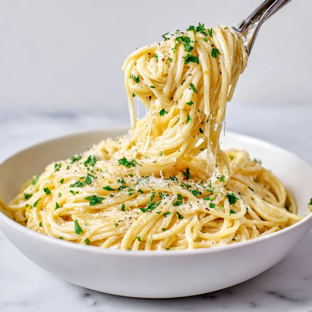 Delicious garlic parmesan pasta topped with herbs and cheese