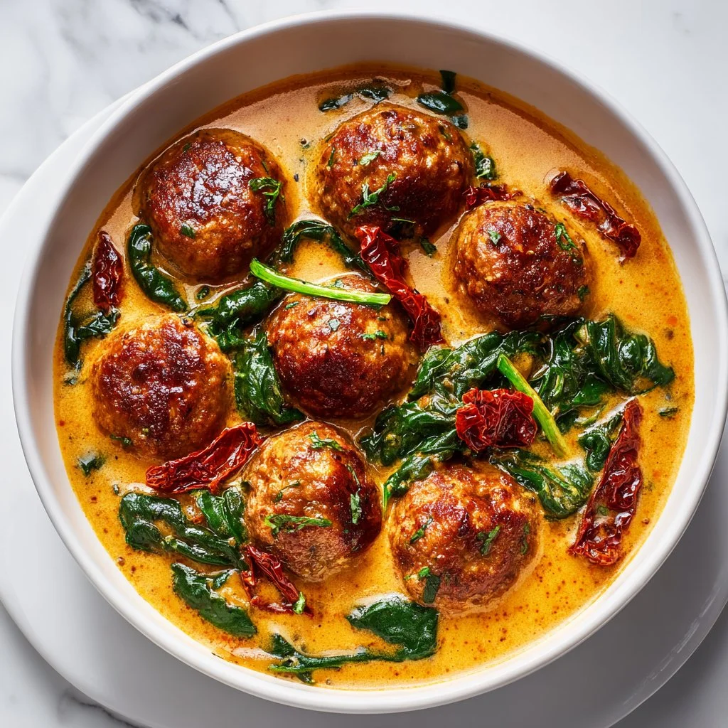 Delicious Tuscan style garlic meatballs in creamy sauce
