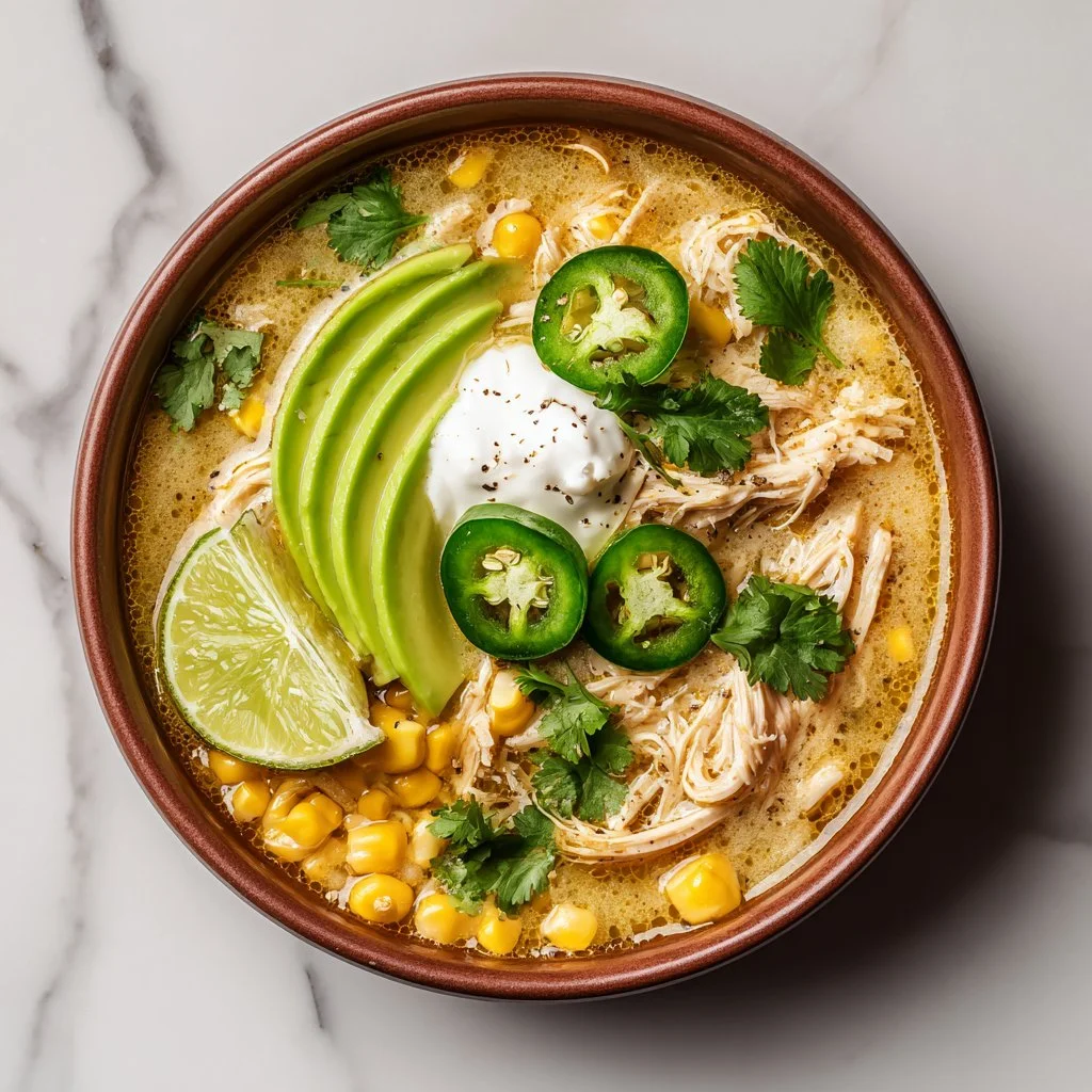 Bowl of rich and creamy white chicken chili with garnishes