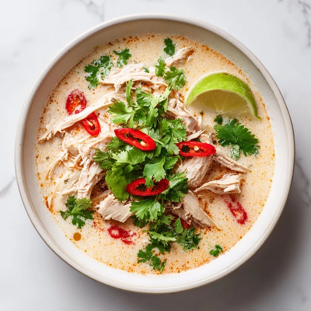 Bowl of rich and exotic Thai Coconut Chicken Soup with fresh herbs and spices