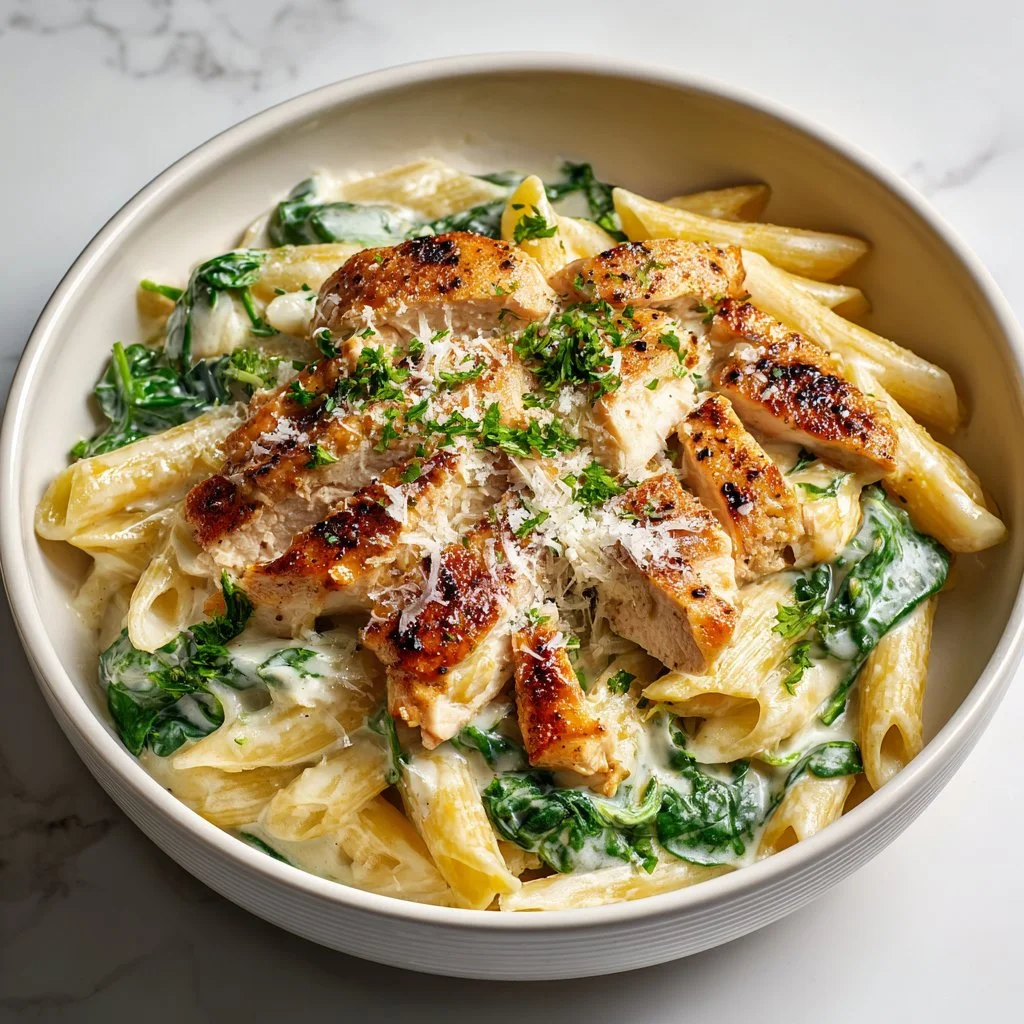 Delicious garlic parmesan chicken pasta served in a creamy sauce