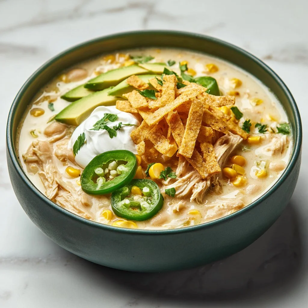 Bowl of rich and velvety white chicken chili topped with fresh herbs.