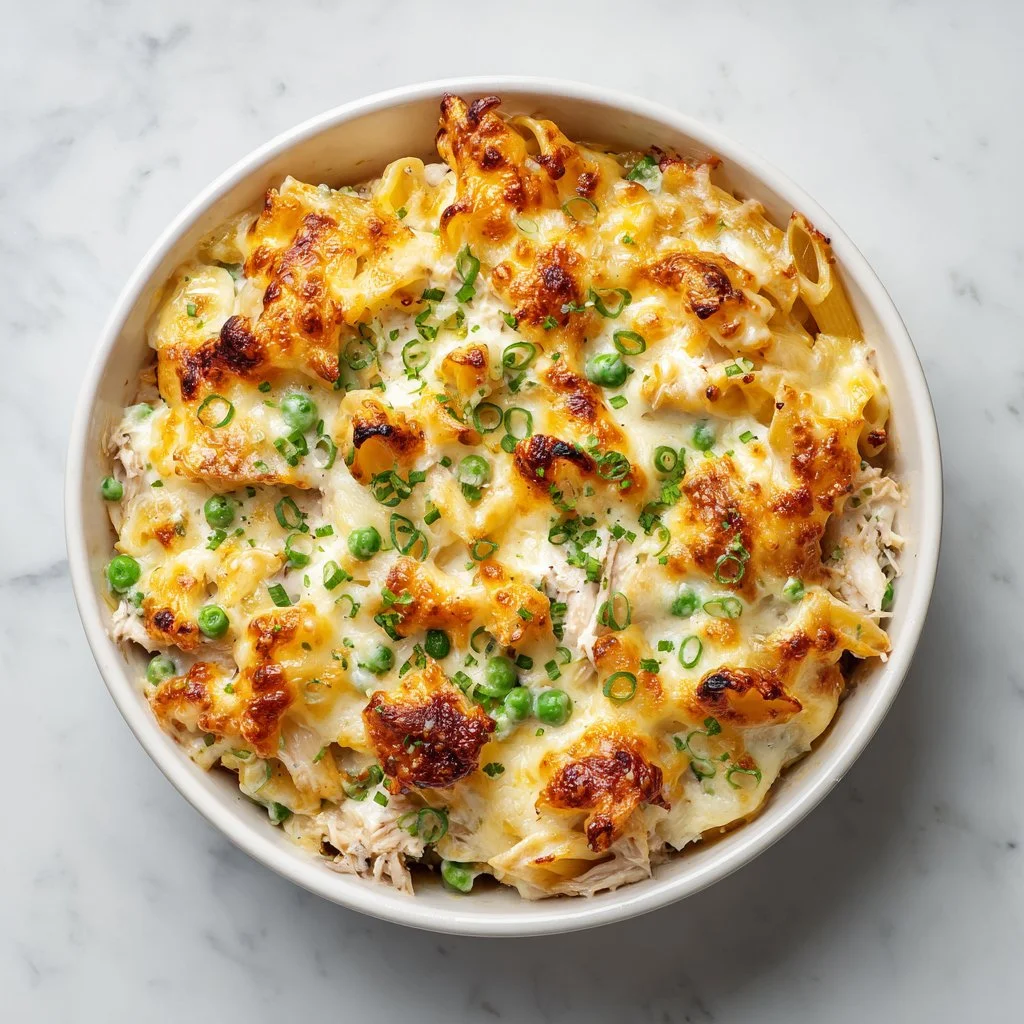 Delicious rotisserie chicken casserole served in a baking dish