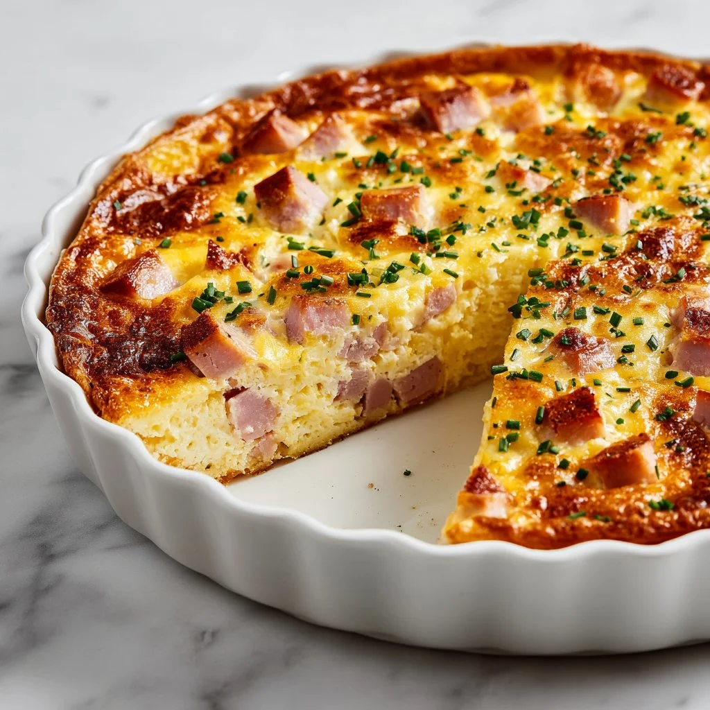 Savory crustless ham quiche with vegetables and cheese