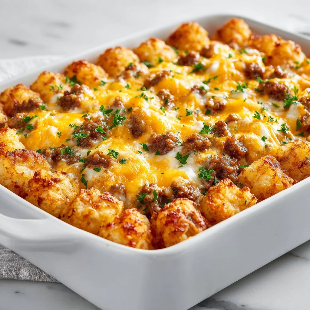 Savory Sausage and Crispy Tater Tot Breakfast Bake in a baking dish
