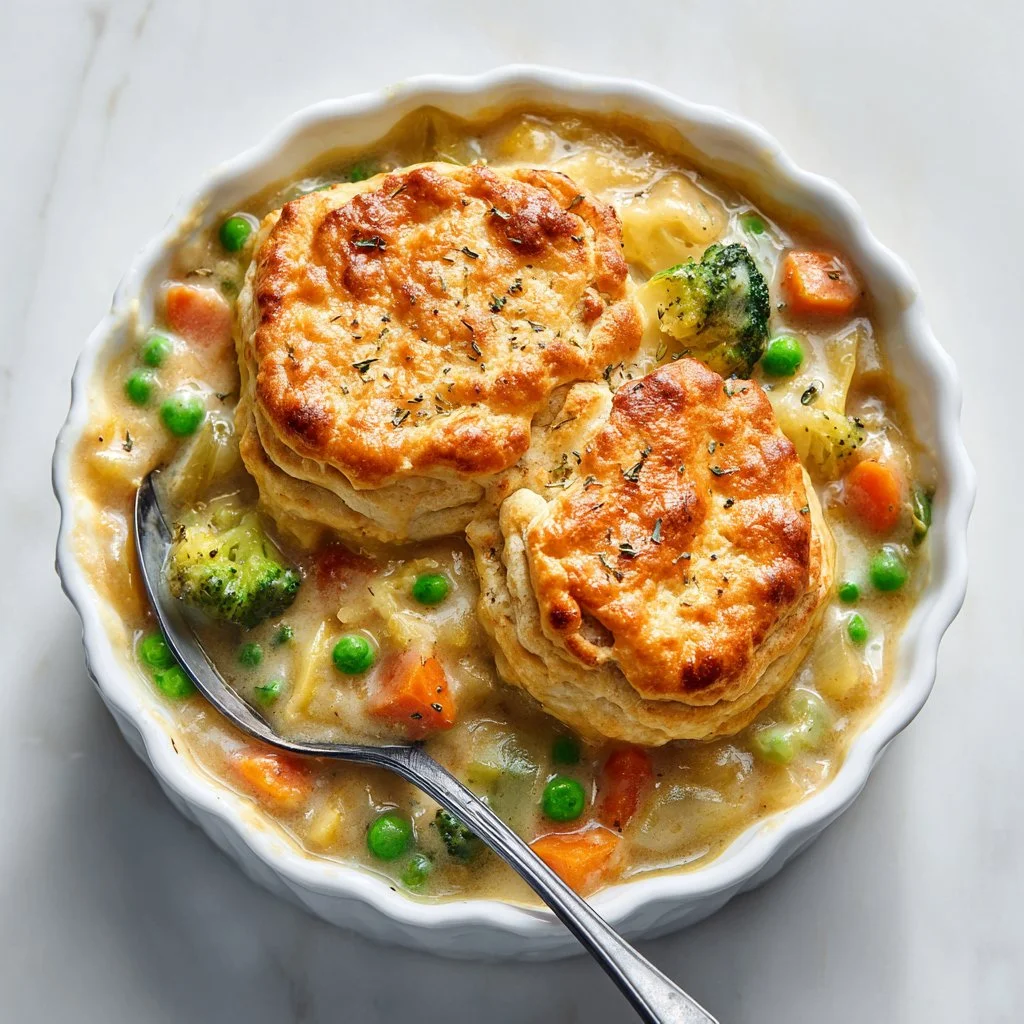 Savory vegetable pot pie biscuit bake topped with flaky biscuits