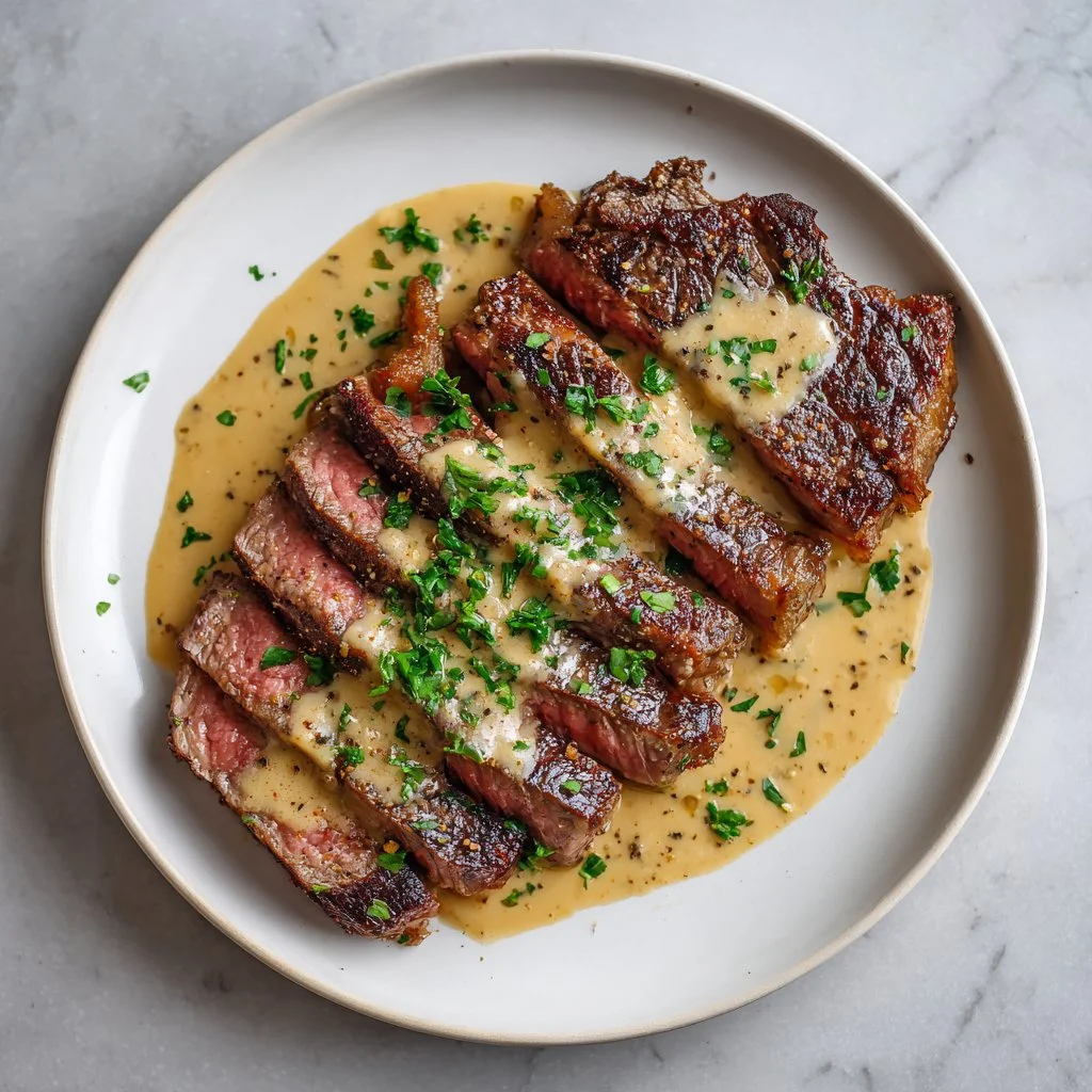 Seared steak drizzled with creamy garlic sauce on a white plate