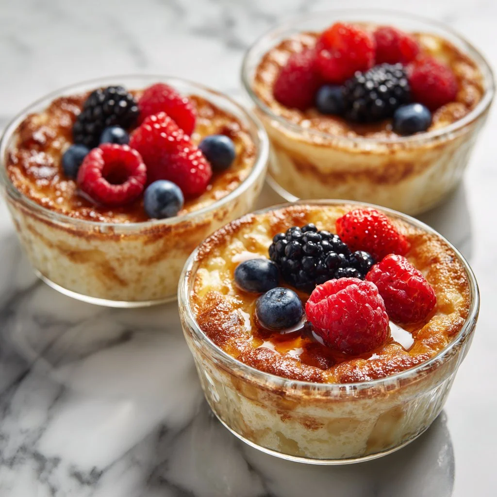 Single serving baked protein pancake bowl topped with fresh fruits and nuts